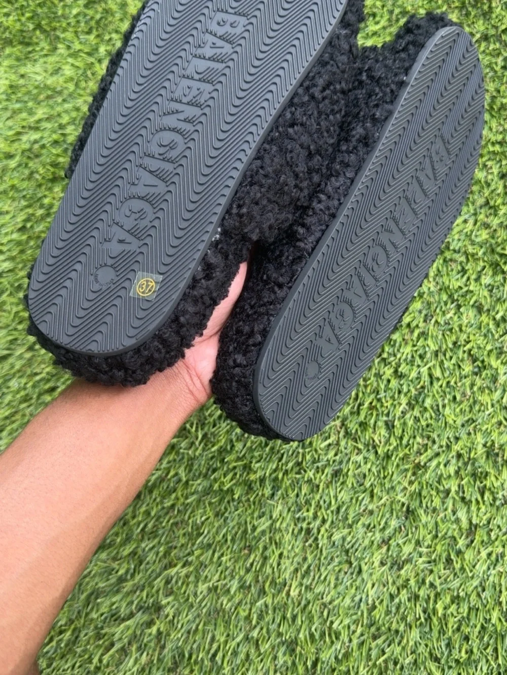 Balenciaga Black Fuzzy Logo Slippers with Red & White Accent